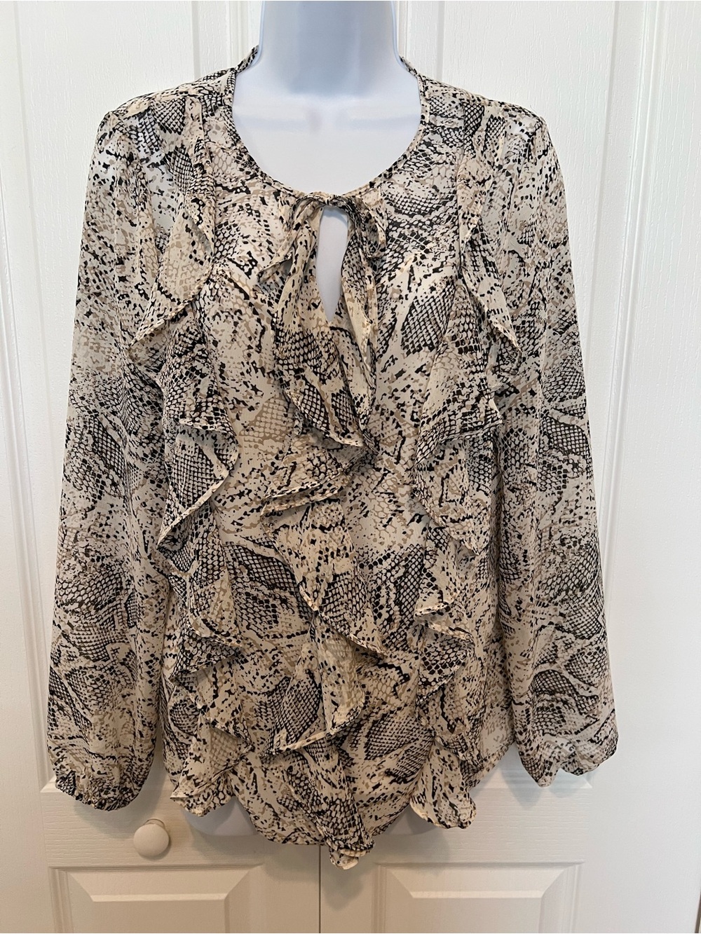 Anne Klein Beige and Black Snake-Print Ruffle Tie-Neck Blouse